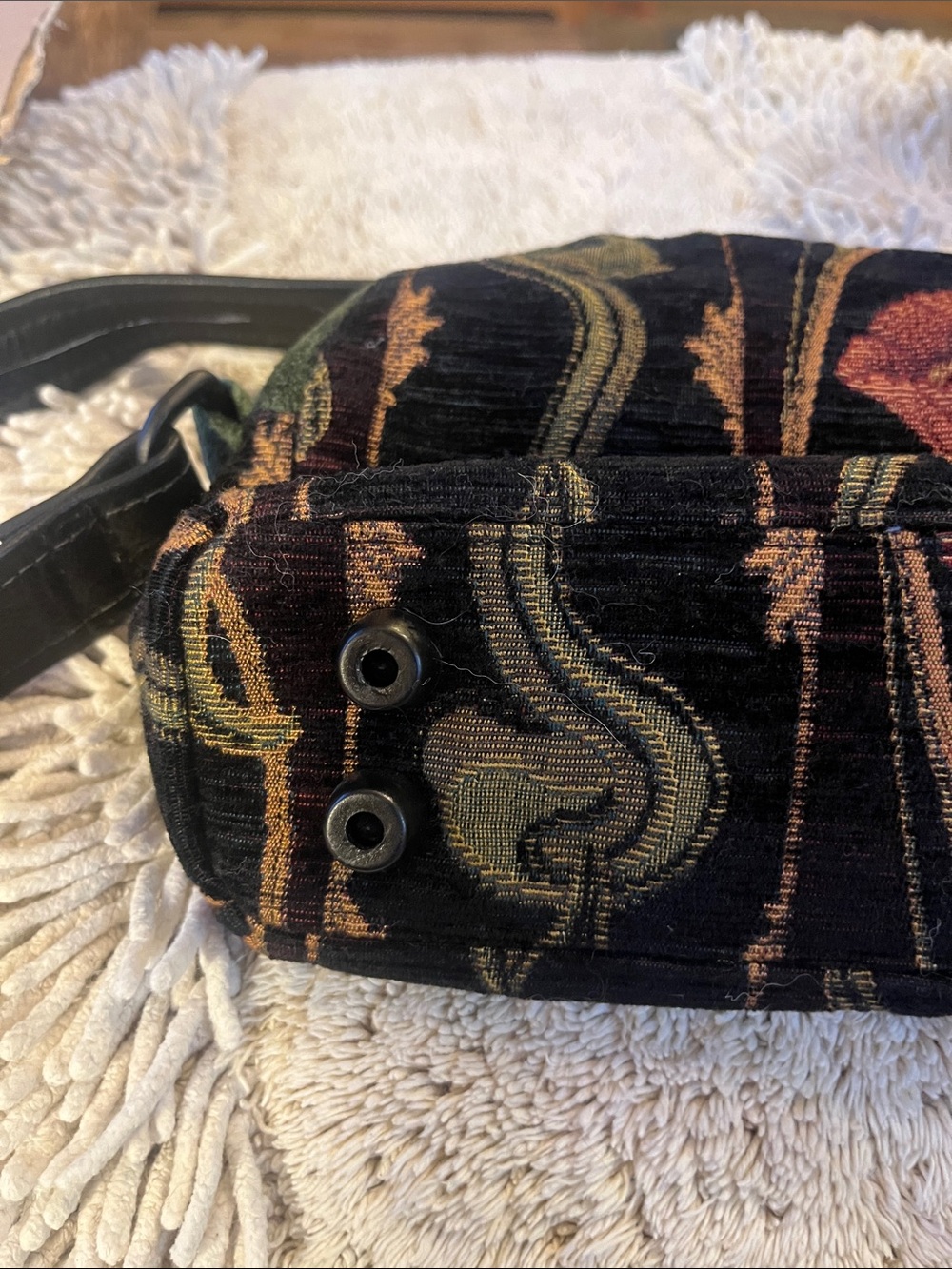 Embroidered Velvet Shoulder Bag — Black with Green and Rust Accents - Picture 4 of 10